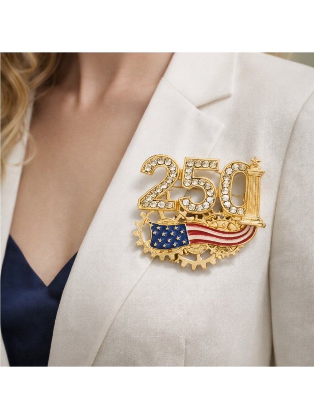 Patriotic USA 250 Brooch – American Flag Rhinestone Gold Pin